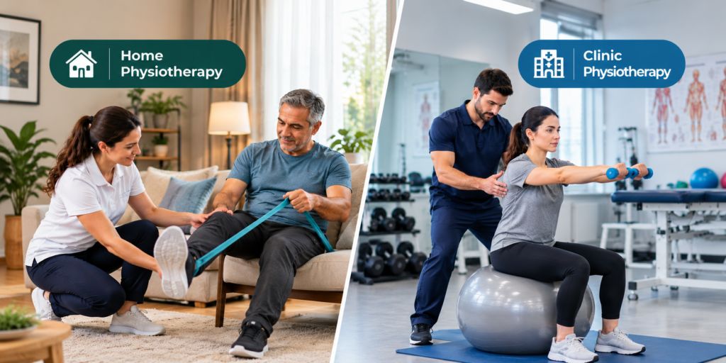 Home physiotherapy session compared with clinic physiotherapy, showing a therapist treating a patient at home and another therapist assisting a patient in a rehabilitation clinic.